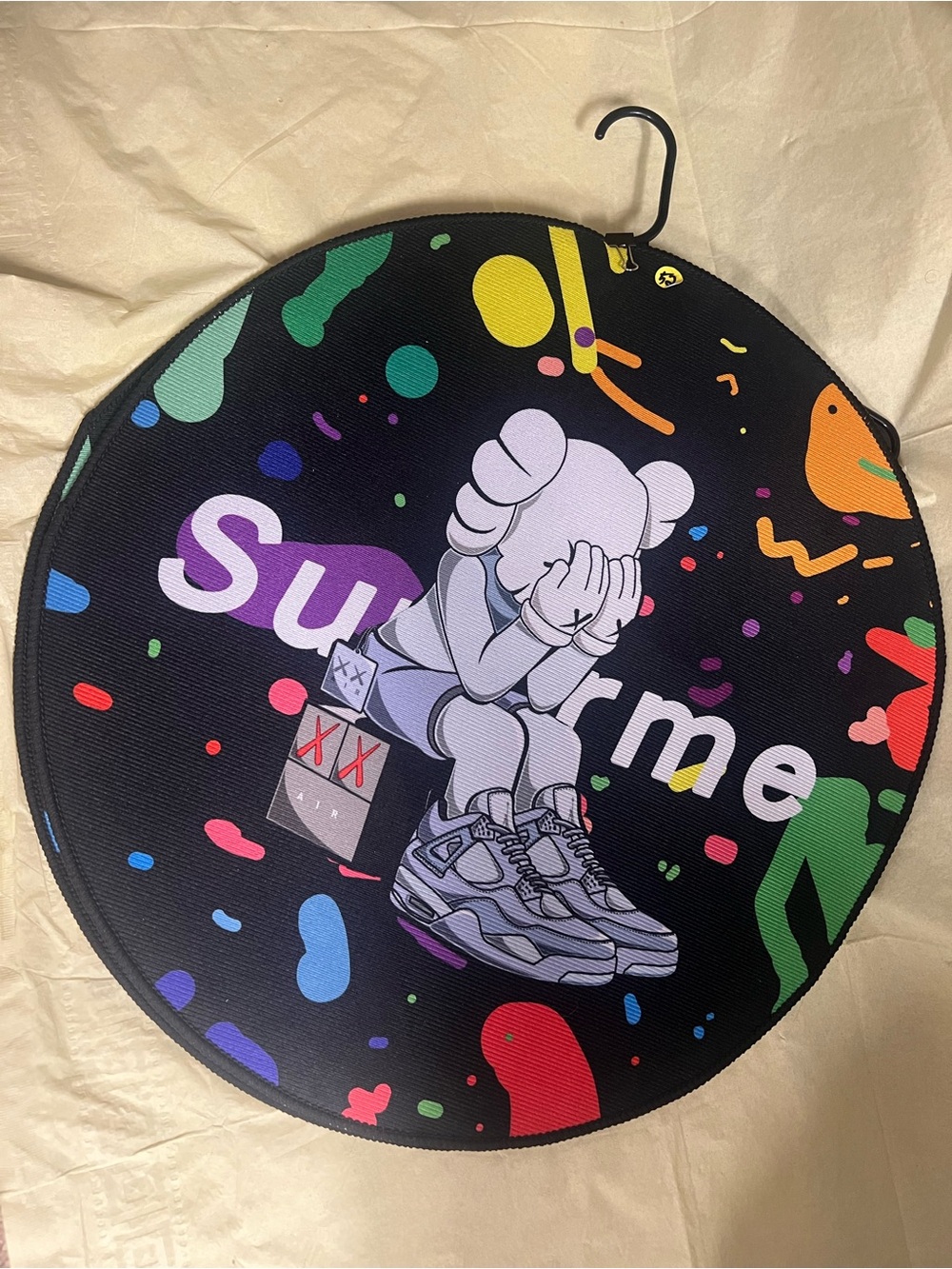 Custom Supreme Black Round KAWS Graphic Mat with Multicolor Accents